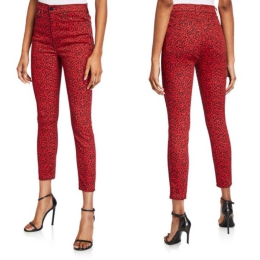 Alice + Olivia High Rise Ankle Skinny Jeans Red Leopard Print 29 NWOT